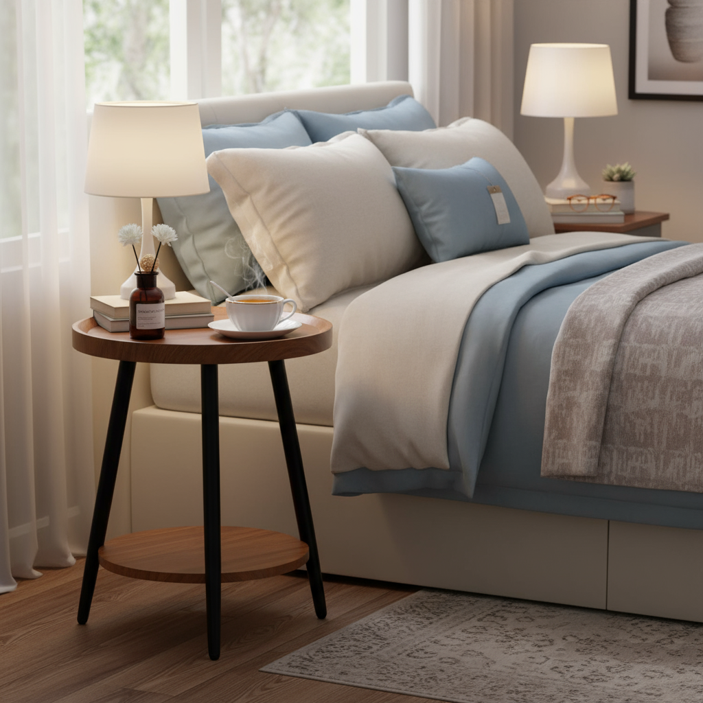 Ronde Bijzettafel met 2 Planken en Stalen Frame – Walnootkleurig MDF