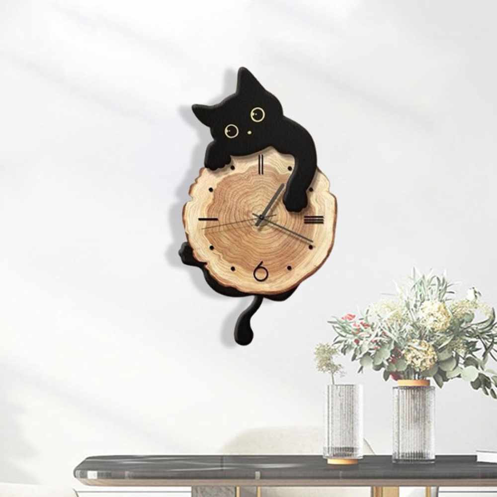 Creative Cartoon Cat Wall Clock with Swinging Tail – Silent Quartz Clock for Living Room and Bedroom Decoration