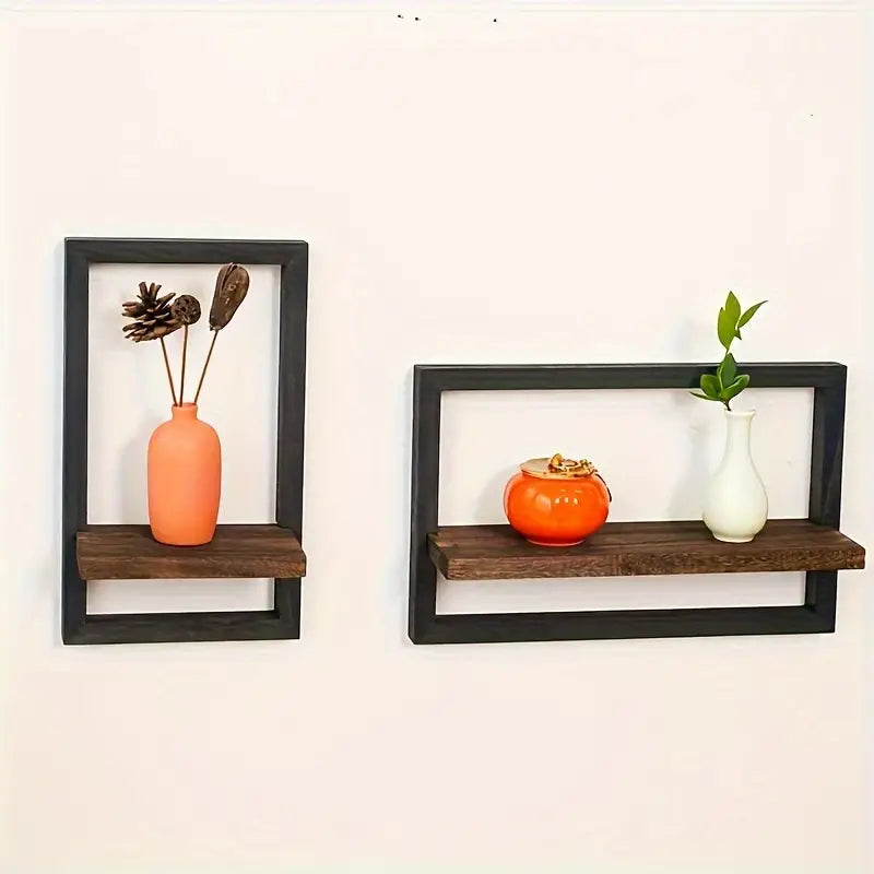 2-delige Wandplank Set in Vintage Stijl - Houten Wandplanken met Zwart Frame - 40x25 cm en 21x35,5 cm 1