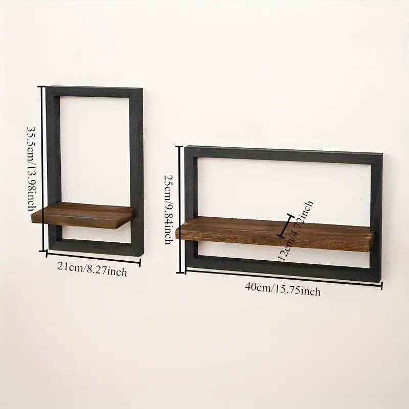 2-delige Wandplank Set in Vintage Stijl - Houten Wandplanken met Zwart Frame - 40x25 cm en 21x35,5 cm 2