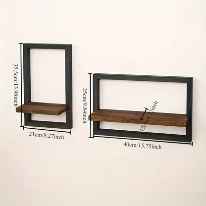 2-delige Wandplank Set in Vintage Stijl - Houten Wandplanken met Zwart Frame - 40x25 cm en 21x35,5 cm 2