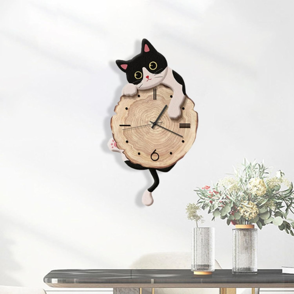 Creative Cartoon Cat Wall Clock with Swinging Tail – Silent Quartz Clock for Living Room and Bedroom Decoration
