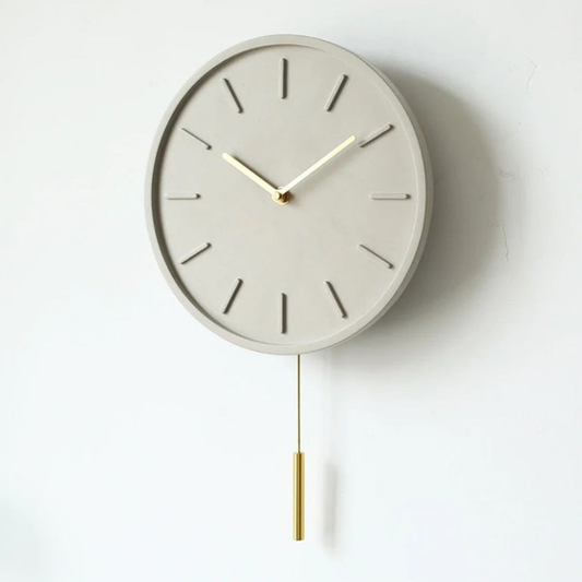Scandinavische Cement Wandklok met Metalen Pendel – Minimalistisch Design, 30 cm Diameter, Grijs, Eenvoudig te Installeren