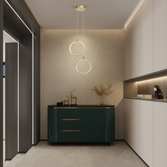 2-Lichts Hanglamp in Goud Messing voor Eettafel en Woonkamer – Moderne Cirkelvorm met Verstelbare Ophanglengte