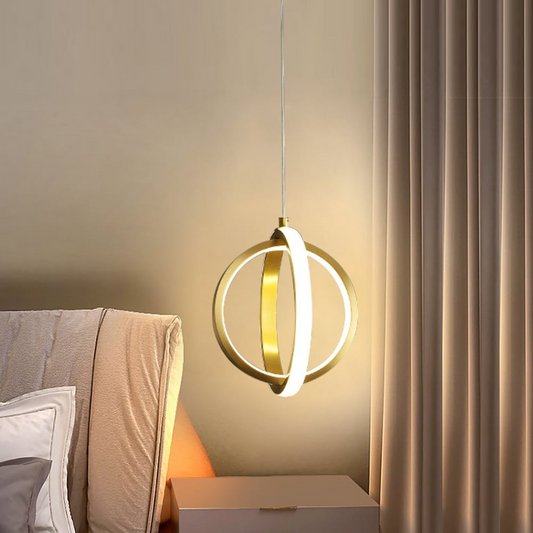 Gouden Geometrische Hanglamp met LED voor Eettafel, Woonkamer of Slaapkamer - 2 Ringen, Messing Afwerking, Warm Licht