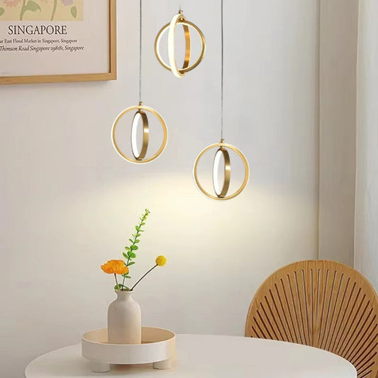 Gouden Geometrische Hanglamp met LED voor Eettafel, Woonkamer of Slaapkamer - 2 Ringen, Messing Afwerking, Warm Licht
