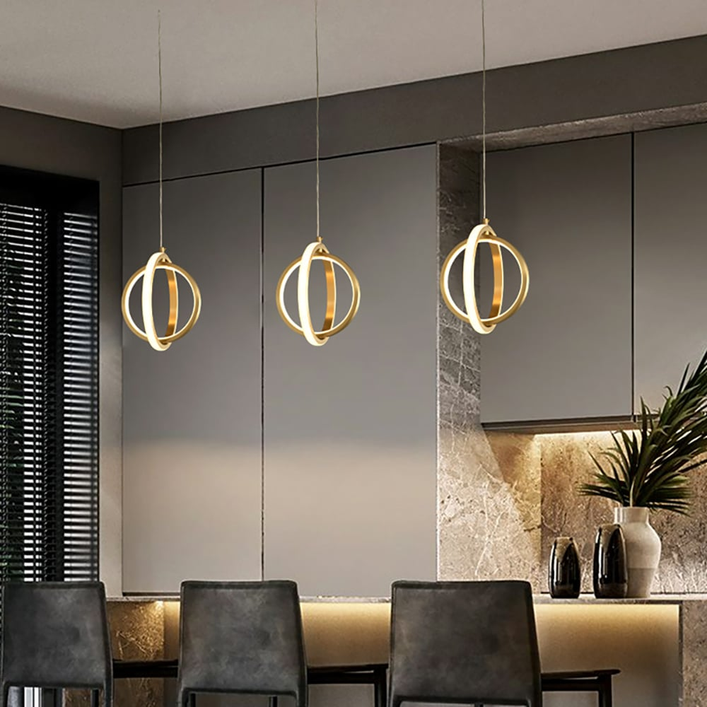 Gouden Geometrische Hanglamp met LED voor Eettafel, Woonkamer of Slaapkamer - 2 Ringen, Messing Afwerking, Warm Licht