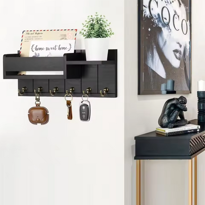 Decoratieve Muurbeugel met Plank en Sleutelhaken – Multifunctionele Wandorganizer van Massief Hout voor Hal en Keuken 1