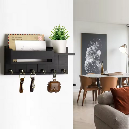 Decoratieve Muurbeugel met Plank en Sleutelhaken – Multifunctionele Wandorganizer van Massief Hout voor Hal en Keuken 3