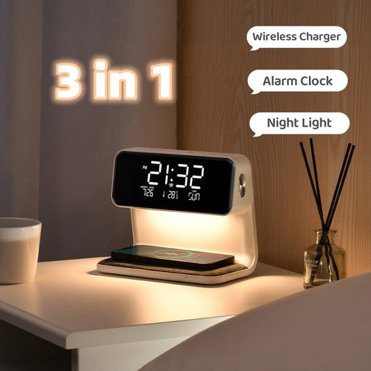 Dimbare Tafellamp met Draadloze Oplader en LCD Alarmklok – Multifunctionele Nachtkast Lampje in Wit 0