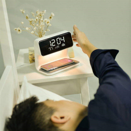 Dimbare Tafellamp met Draadloze Oplader en LCD Alarmklok – Multifunctionele Nachtkast Lampje in Wit 1
