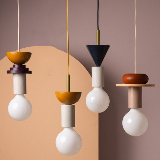 Gekleurde Houten Blokken Hanglamp voor Woonkamer of Eetkamer – Verstelbaar Snoer, Modern Industrieel Ontwerp 1