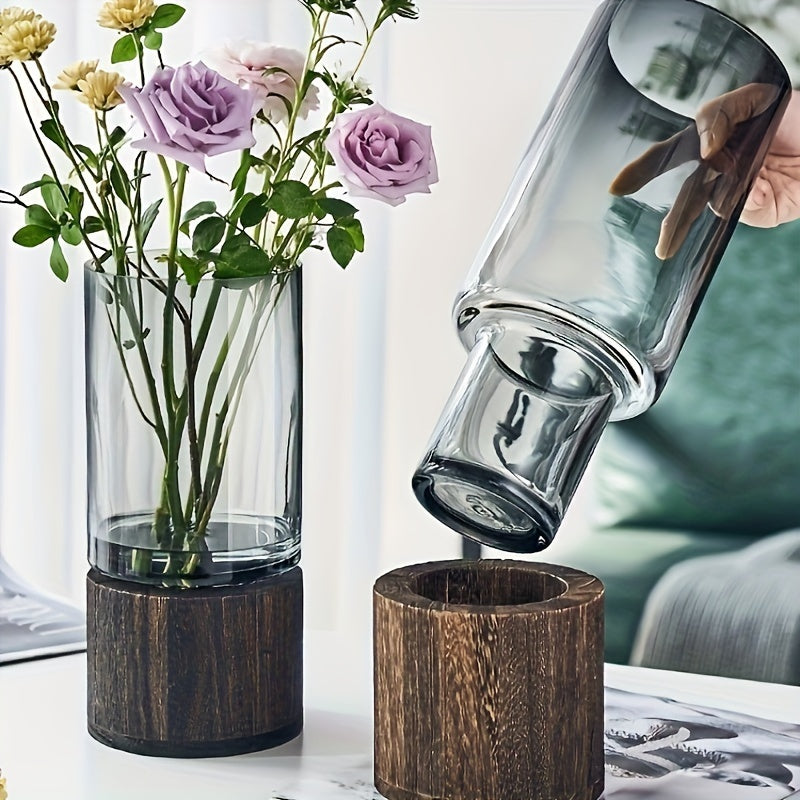 Glazen Vaas met Houten Basis – Slank en Modern Design voor Bloemen, 24,5 cm Hoog 1