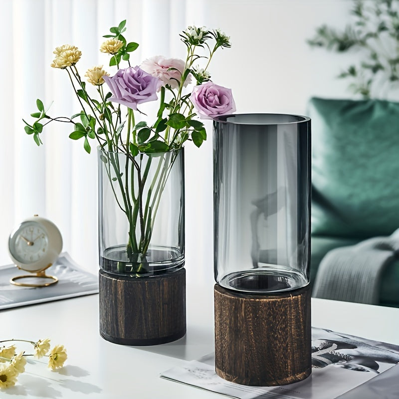 Glazen Vaas met Houten Basis – Slank en Modern Design voor Bloemen, 24,5 cm Hoog 6
