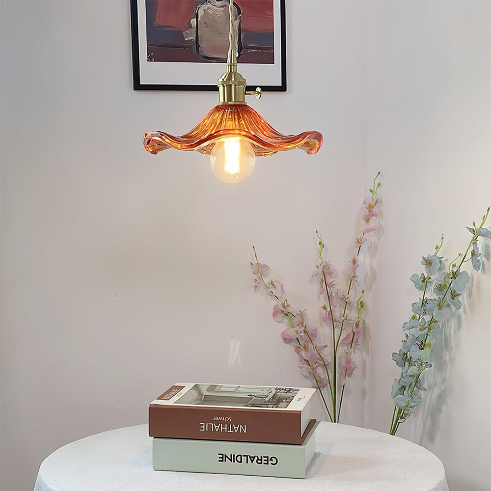 Hibiscusbloem Hanglamp van Glas en Messing voor Eettafel en Woonkamer – Verstelbare Pendelarmatuur met E27 Fitting 9