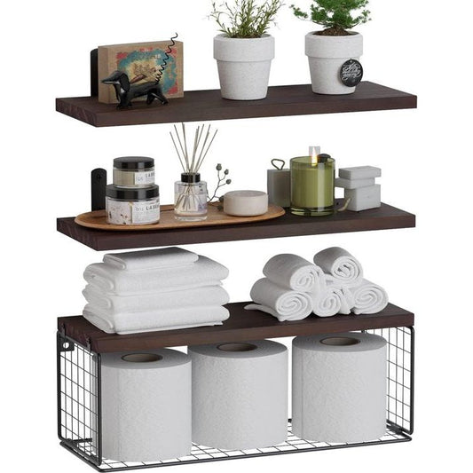 Houten Wandplank Set met Draadmand – Multifunctionele Planken voor Keuken, Badkamer en Woonkamer 0