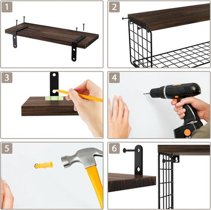 Houten Wandplank Set met Draadmand – Multifunctionele Planken voor Keuken, Badkamer en Woonkamer 3