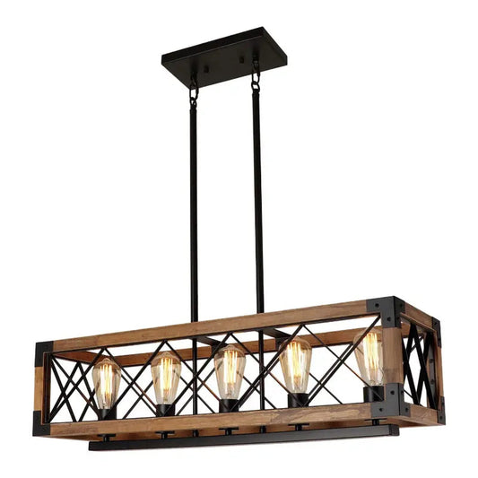 Industriële Hanglamp met Hout en Vijf Verlichtingspunten – Perfect voor Moderne Interieurs 0