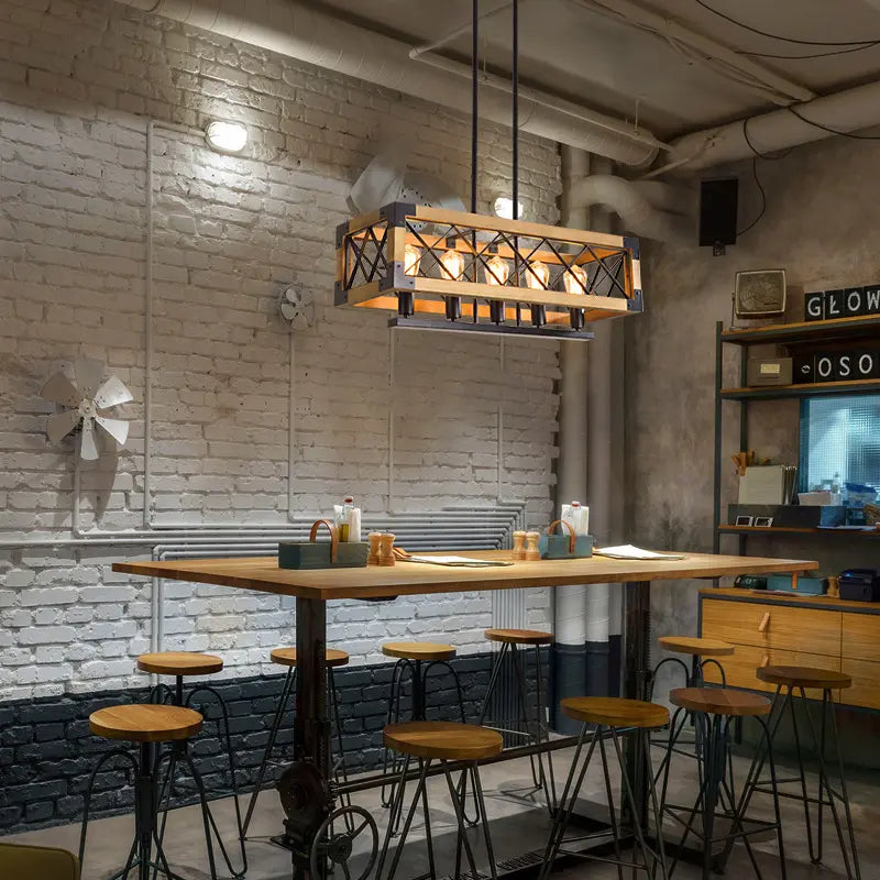 Industriële Hanglamp met Hout en Vijf Verlichtingspunten – Perfect voor Moderne Interieurs 3