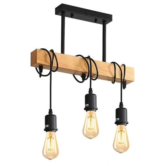 Industriële Zwarte Hanglamp met Verstelbare Hoogte – 3-Lichts Stalen en Houten Ontwerp 1
