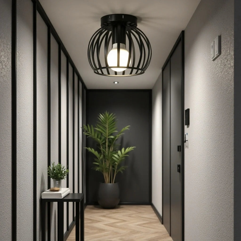 Industriële Zwarte Plafondlamp voor Slaapkamer en Gang – Stijlvolle Plafonnière met Open Afwerking 6