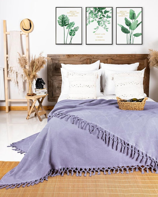 Katoenen Dekbed 240x220 cm met Wafelstructuur en Handgeknoopte Franjes – Lavendel Kleur 1