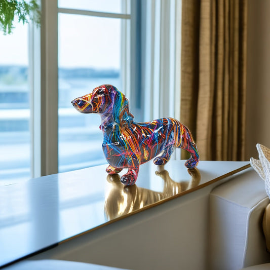 Kleurrijk Handgemaakt Teckel Beeld – Decoratief Kunstwerk voor Interieur, 13 cm Hoog, Hars Afwerking 0