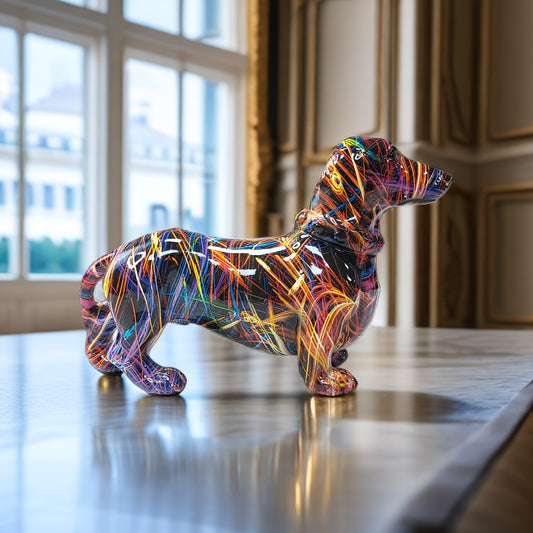 Kleurrijk Handgemaakt Teckel Beeld – Decoratief Kunstwerk voor Interieur, 13 cm Hoog, Hars Afwerking 1
