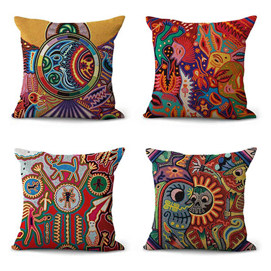 Kussenhoes 45x45 cm van Duurzaam Linnen – Kleurrijke Huichol Print voor Kussens Bank 0