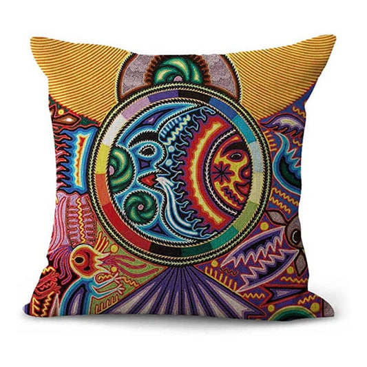 Kussenhoes 45x45 cm van Duurzaam Linnen – Kleurrijke Huichol Print voor Kussens Bank 1