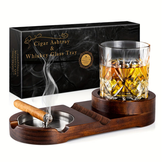 Luxe Sigaren Asbak met Whiskey Glas Tray - Houten Basis, Afneembaar Asbakje, Perfect voor Vaderdag en Relaties 0