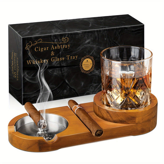 Luxe Sigaren Asbak met Whiskey Glas Tray - Houten Basis, Afneembaar Asbakje, Perfect voor Vaderdag en Relaties 1