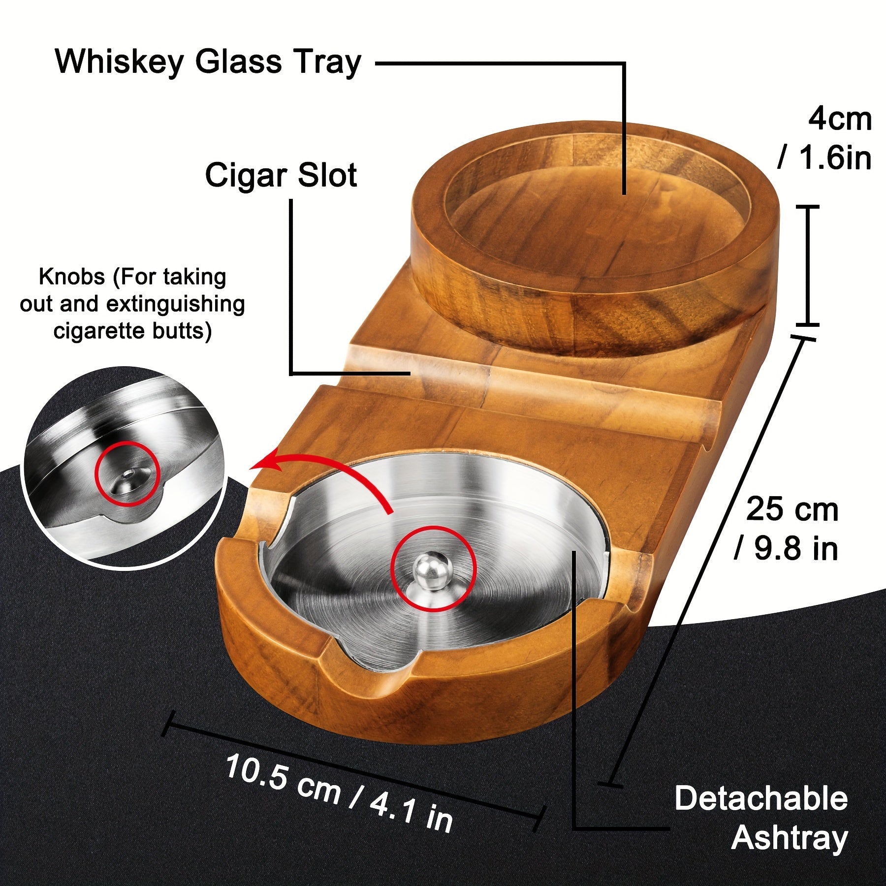 Luxe Sigaren Asbak met Whiskey Glas Tray - Houten Basis, Afneembaar Asbakje, Perfect voor Vaderdag en Relaties 4