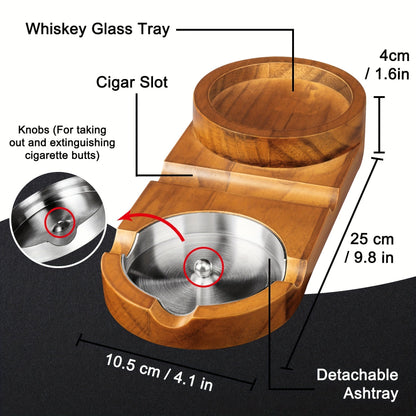 Luxe Sigaren Asbak met Whiskey Glas Tray - Houten Basis, Afneembaar Asbakje, Perfect voor Vaderdag en Relaties 4