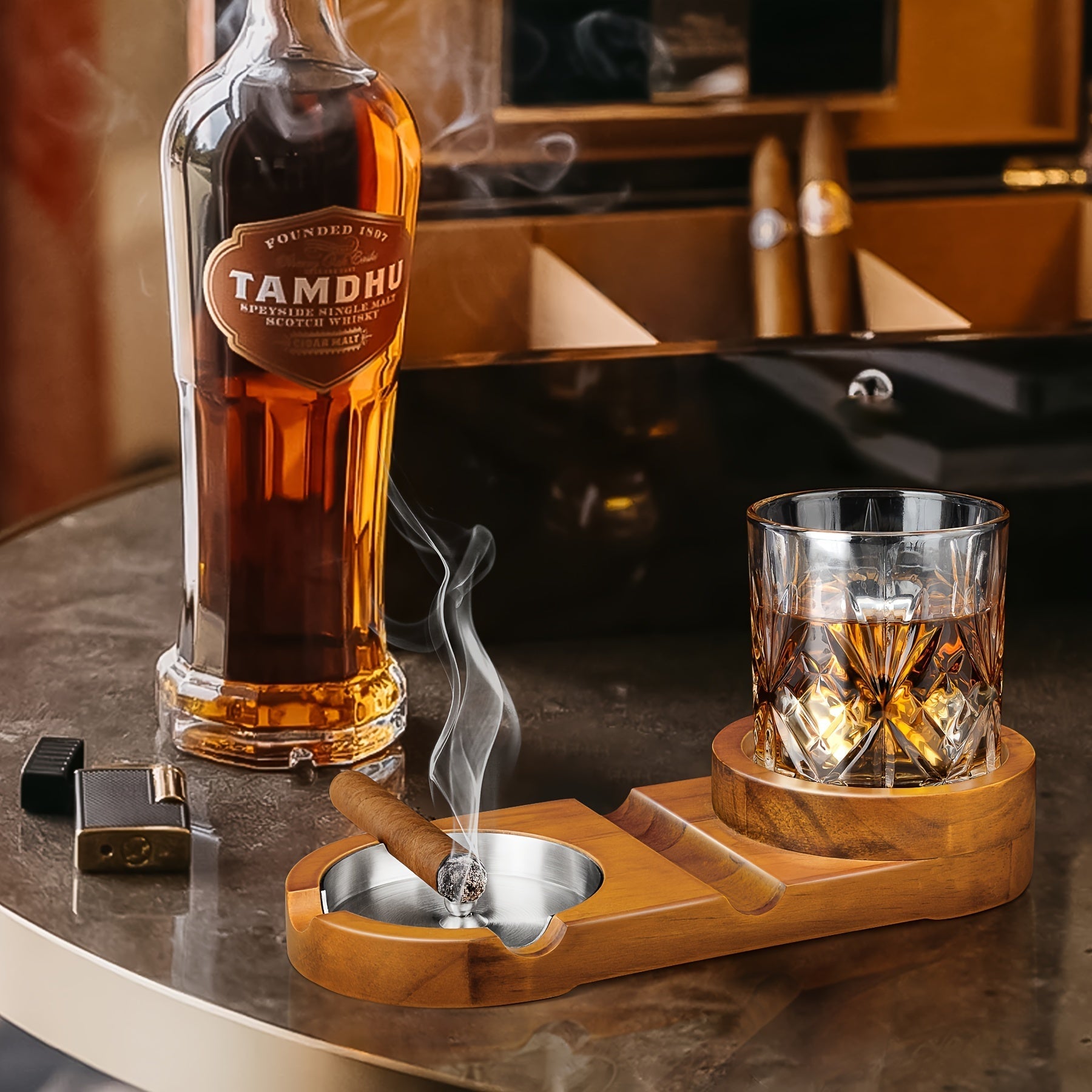 Luxe Sigaren Asbak met Whiskey Glas Tray - Houten Basis, Afneembaar Asbakje, Perfect voor Vaderdag en Relaties 5