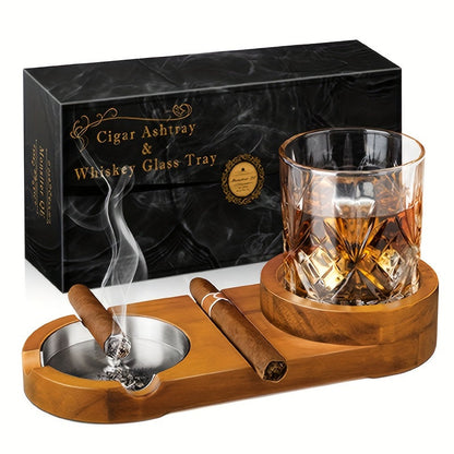 Luxe Sigaren Asbak met Whiskey Glas Tray - Houten Basis, Afneembaar Asbakje, Perfect voor Vaderdag en Relaties 6