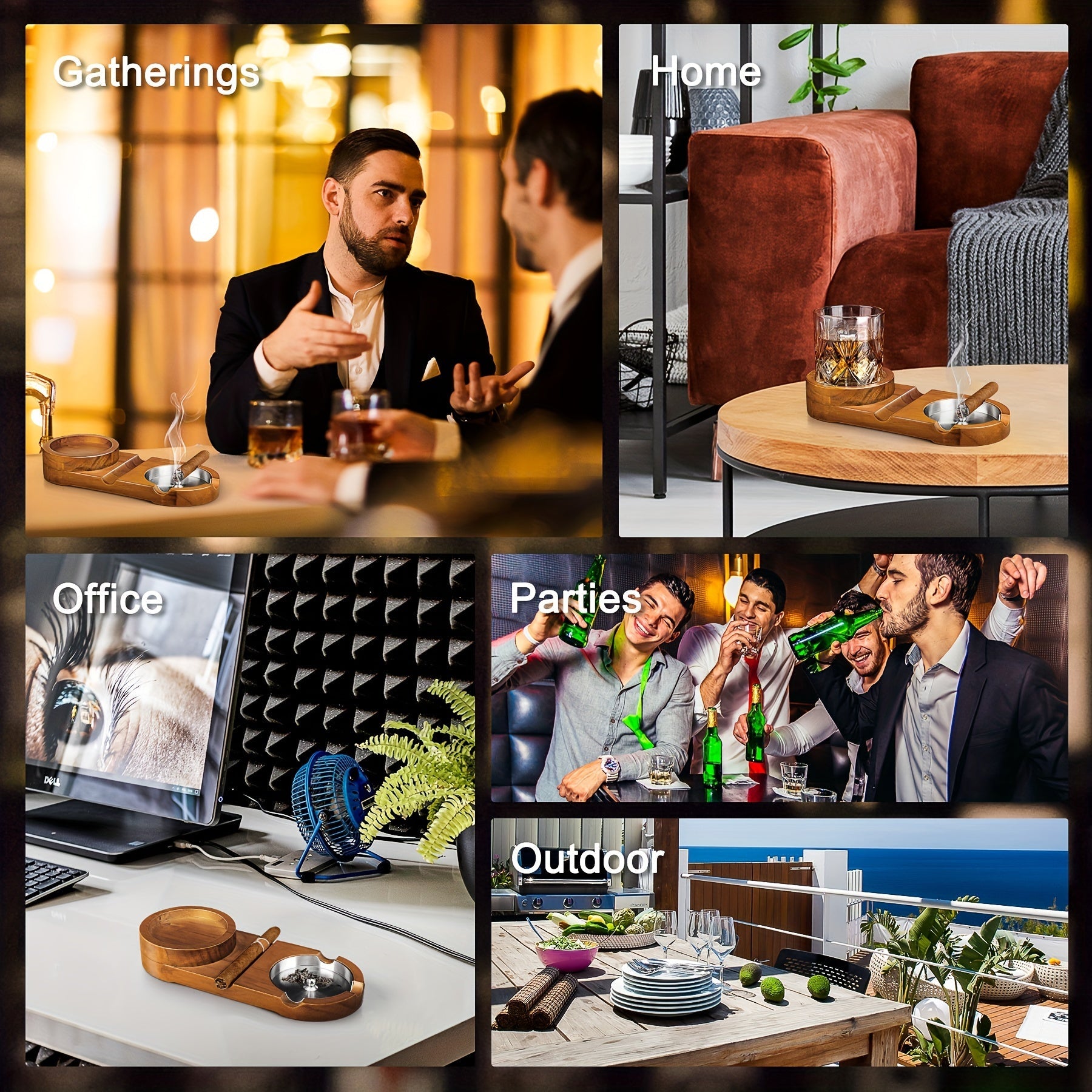 Luxe Sigaren Asbak met Whiskey Glas Tray - Houten Basis, Afneembaar Asbakje, Perfect voor Vaderdag en Relaties 7