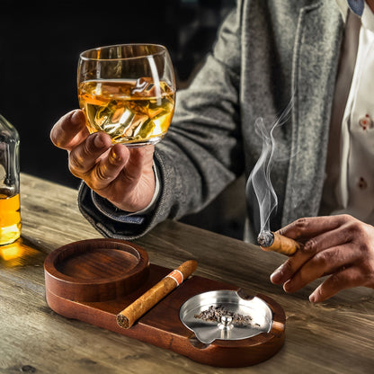 Luxe Sigaren Asbak met Whiskey Glas Tray - Houten Basis, Afneembaar Asbakje, Perfect voor Vaderdag en Relaties 8