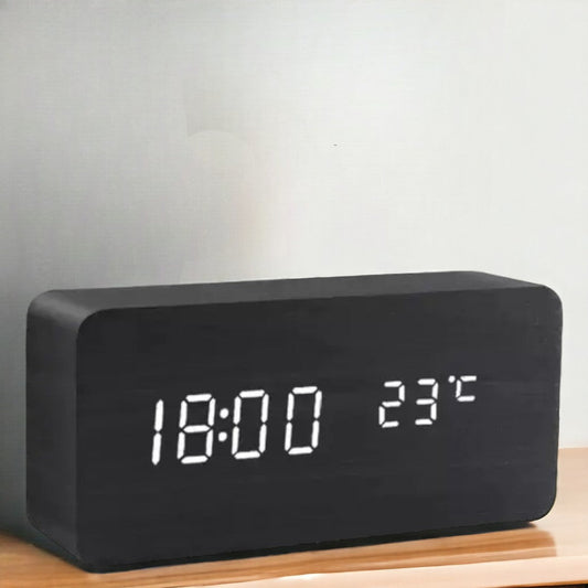 Moderne Houten Digitale Wekker met Spraakbesturing en LED Display – Instelbare Helderheid en Temperatuurweergave 0