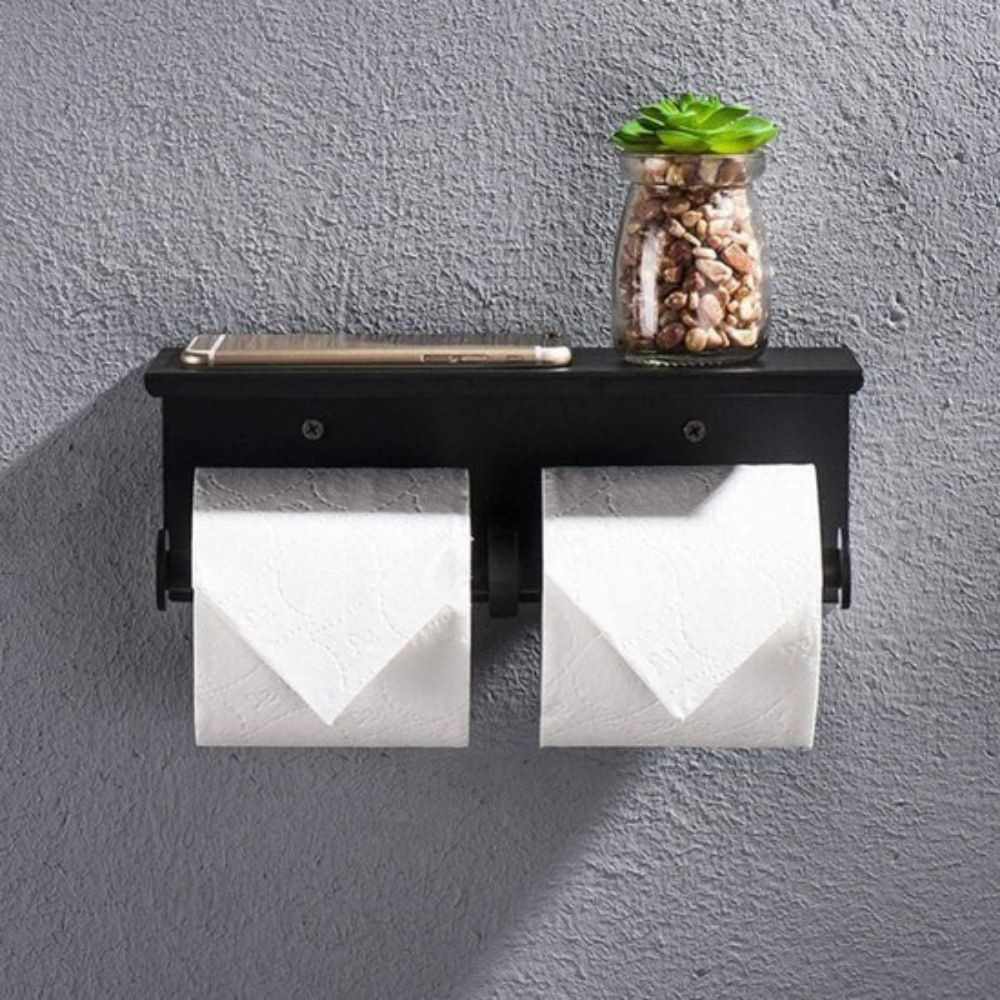 Zwarte WC Rolhouder met Plankje - Ruimtebesparend , Muurmontage WC Papier Houder