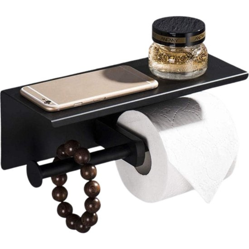 Zwarte WC Rolhouder met Plankje - Ruimtebesparend , Muurmontage WC Papier Houder