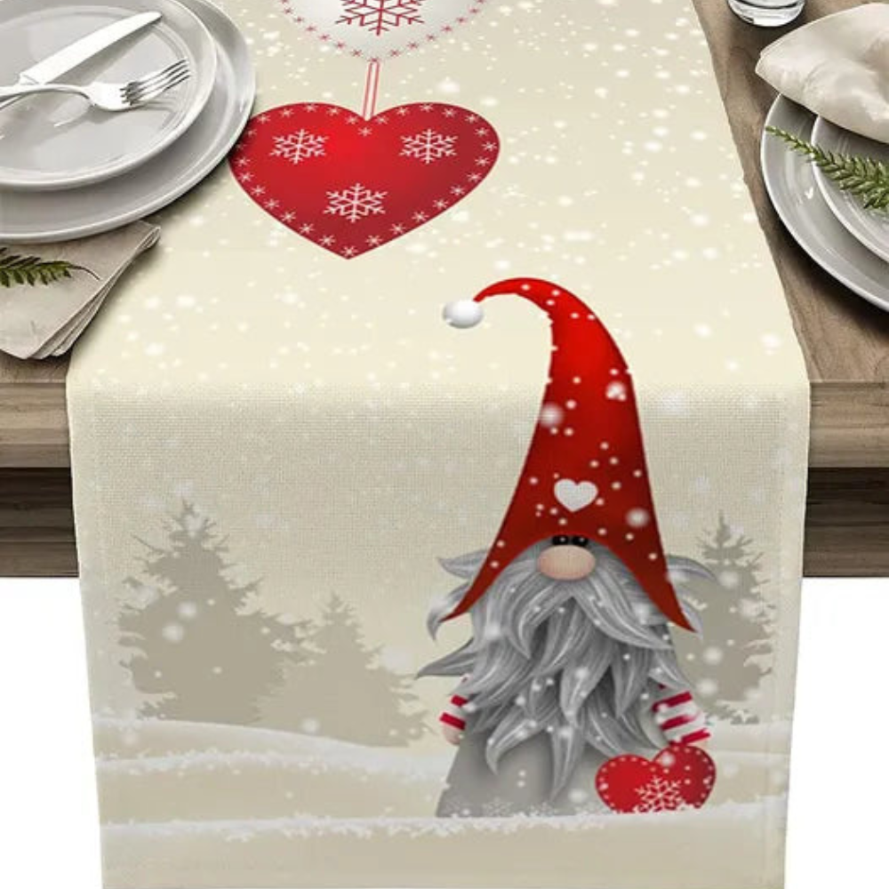 Julebordløber med snefnug-nisser – Festlig borddekoration til spisebord og skænk