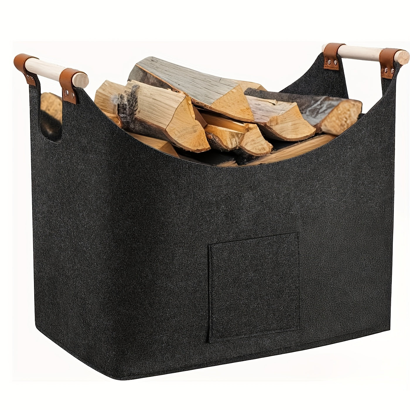 Opvouwbare Vilten Brandhoutmand met Houten Handvatten en Leren Accenten - 55L Donkergrijs 0