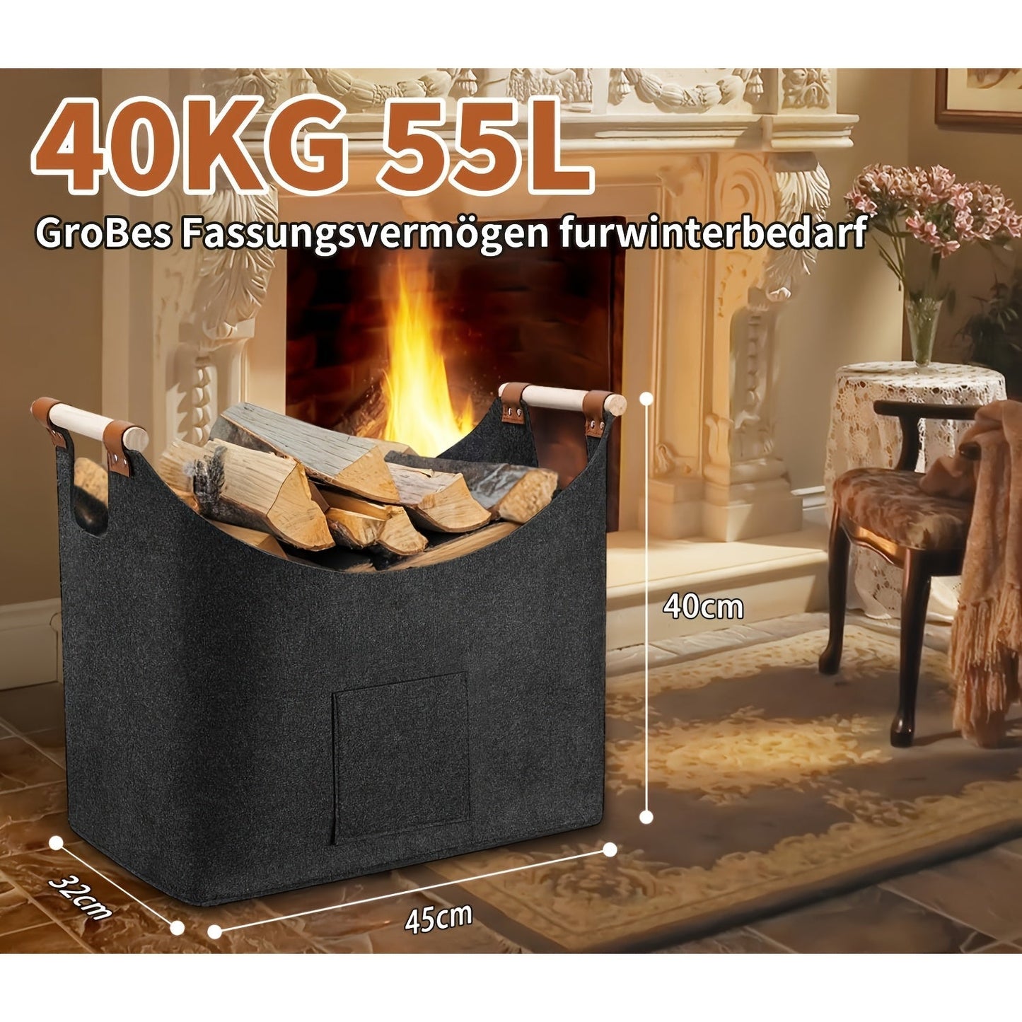 Opvouwbare Vilten Brandhoutmand met Houten Handvatten en Leren Accenten - 55L Donkergrijs 2