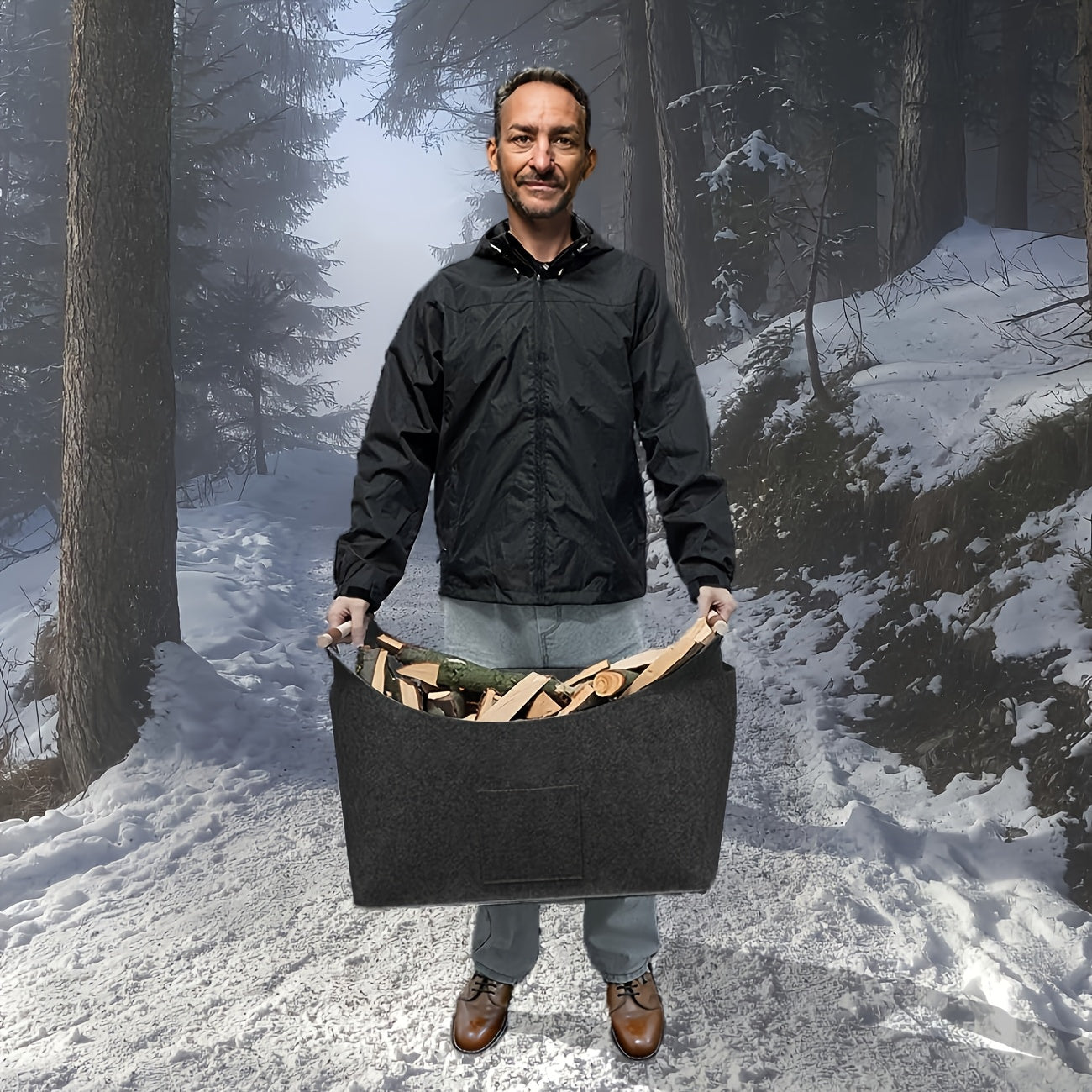 Opvouwbare Vilten Brandhoutmand met Houten Handvatten en Leren Accenten - 55L Donkergrijs 3