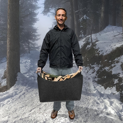 Opvouwbare Vilten Brandhoutmand met Houten Handvatten en Leren Accenten - 55L Donkergrijs 3