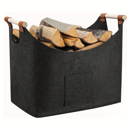 Opvouwbare Vilten Brandhoutmand met Houten Handvatten en Leren Accenten - 55L Donkergrijs 5