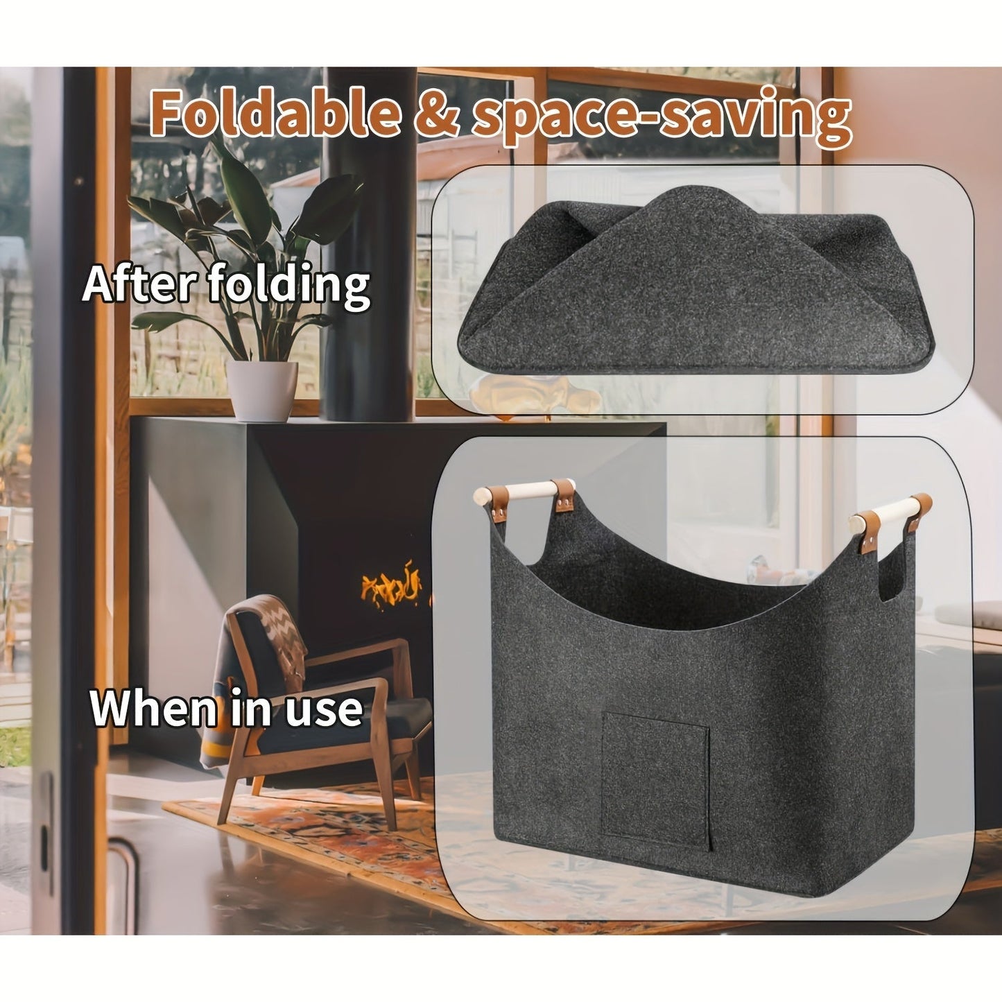 Opvouwbare Vilten Brandhoutmand met Houten Handvatten en Leren Accenten - 55L Donkergrijs 6