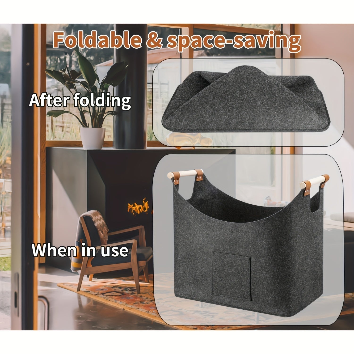 Opvouwbare Vilten Brandhoutmand met Houten Handvatten en Leren Accenten - 55L Donkergrijs 6