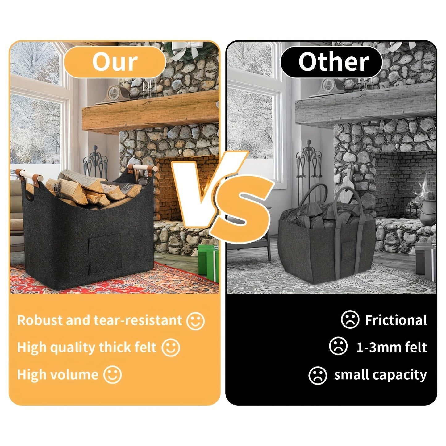 Opvouwbare Vilten Brandhoutmand met Houten Handvatten en Leren Accenten - 55L Donkergrijs 7